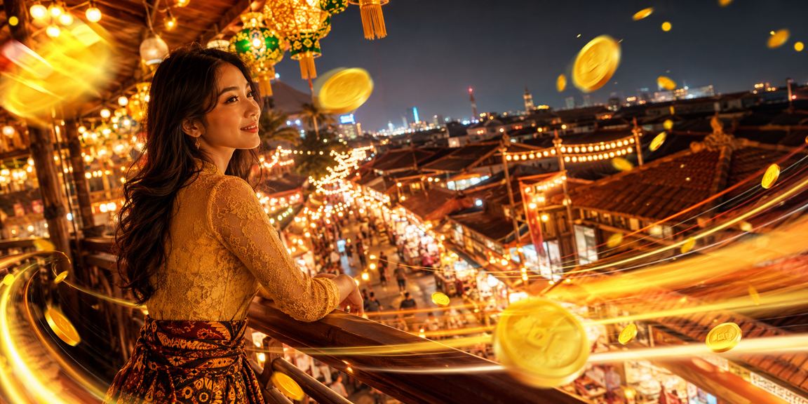 Suasana pasar malam yang ramai dengan aktivitas hiburan digital di ponsel