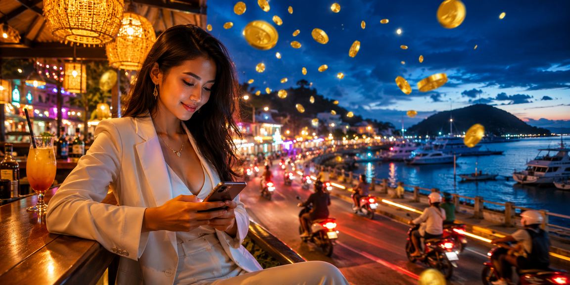 Pemain mengakses casino mobile dengan tampilan neon yang memukau di malam hari