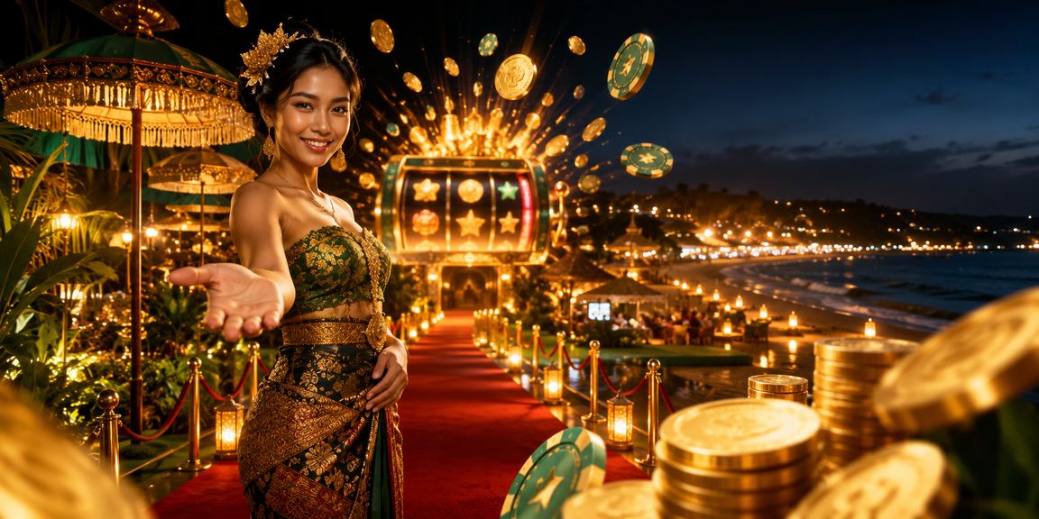 Bermain slot game di tepi pantai menggunakan ponsel dengan tampilan cerah